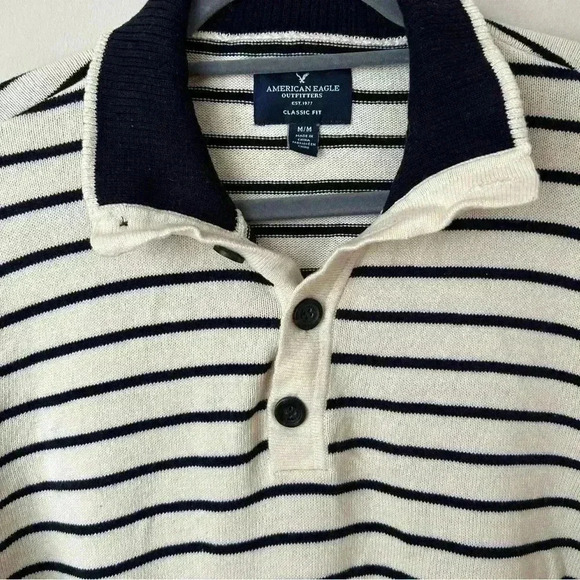American Eagle Men’s Striped Pullover Collared Quarter Button Sweater Medium - Picture 4 of 6